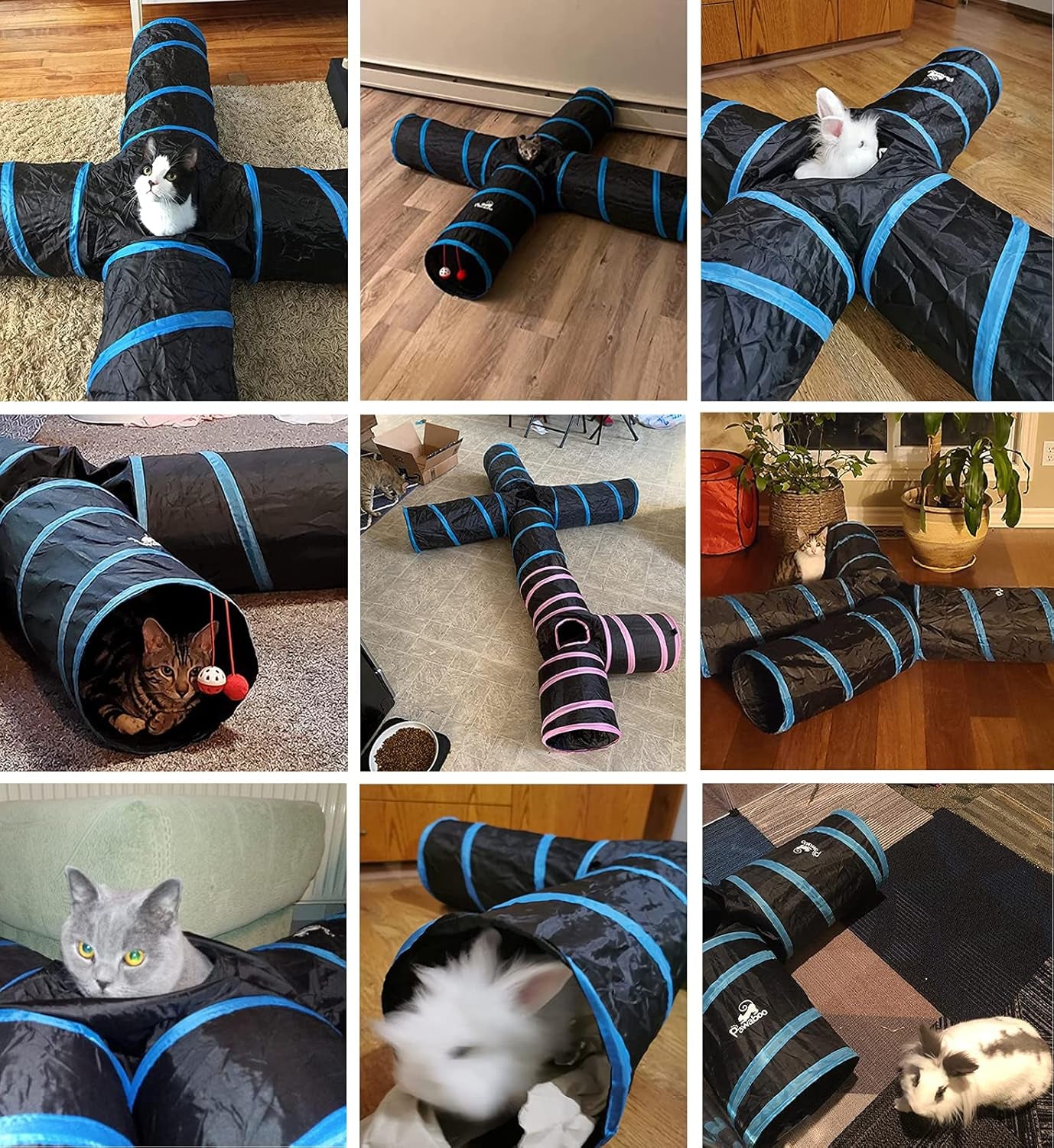 Cat Toys - 4 Way Cat Tunnel, Tube & Play Tent, 25X53Cm, Extensible, Interactive Maze with Balls & Bells for Kitten & Small Animal, Blue