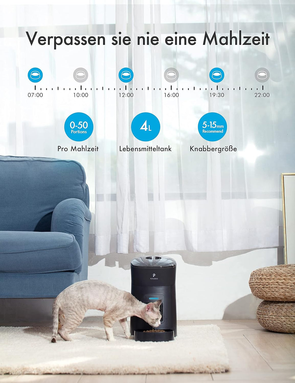 Automatic Cat Feeder Dog Food Dispenser Auto Timer Pet Feeding Tray, Low Food & Motion & Sound Alerts, 4L Basic PLAF004