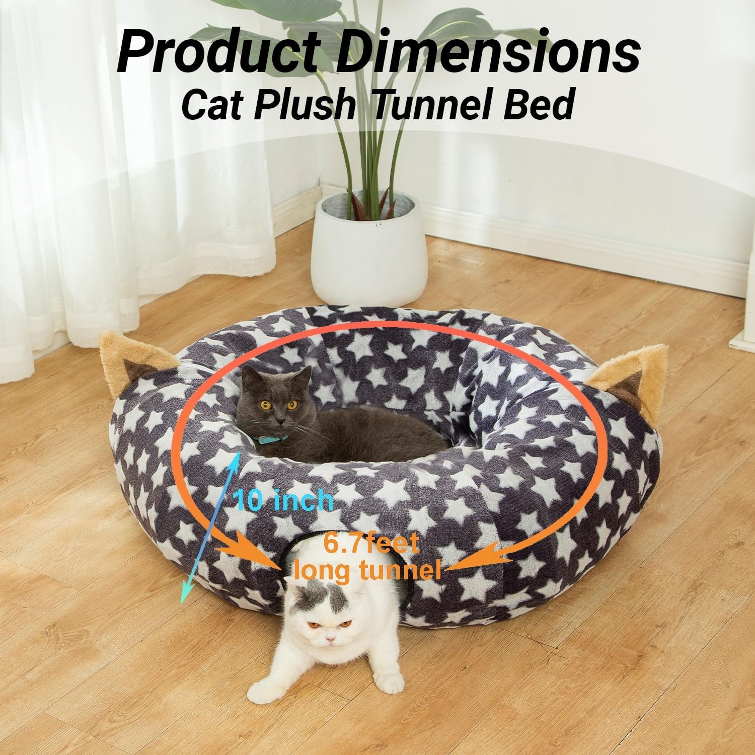 Large Cat Tunnel Bed under Christmas Tree with Fluffy Toy Balls, Small Cushion and Flexible Design- 10 Inch Diameter, 3 Ft Length- Great for Cats, and Small Dogs, Gray Star Pattern