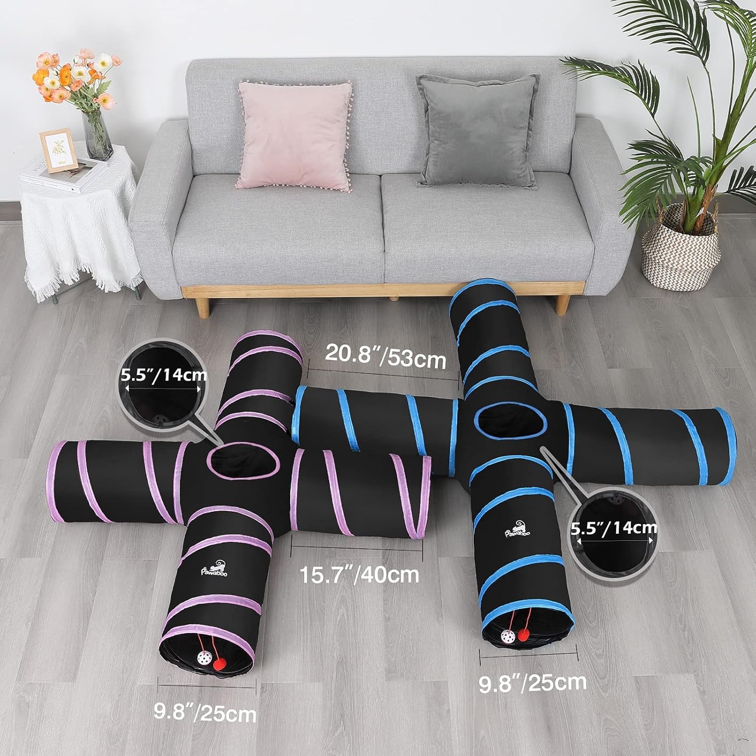 Cat Toys - 4 Way Cat Tunnel, Tube & Play Tent, 25X53Cm, Extensible, Interactive Maze with Balls & Bells for Kitten & Small Animal, Blue