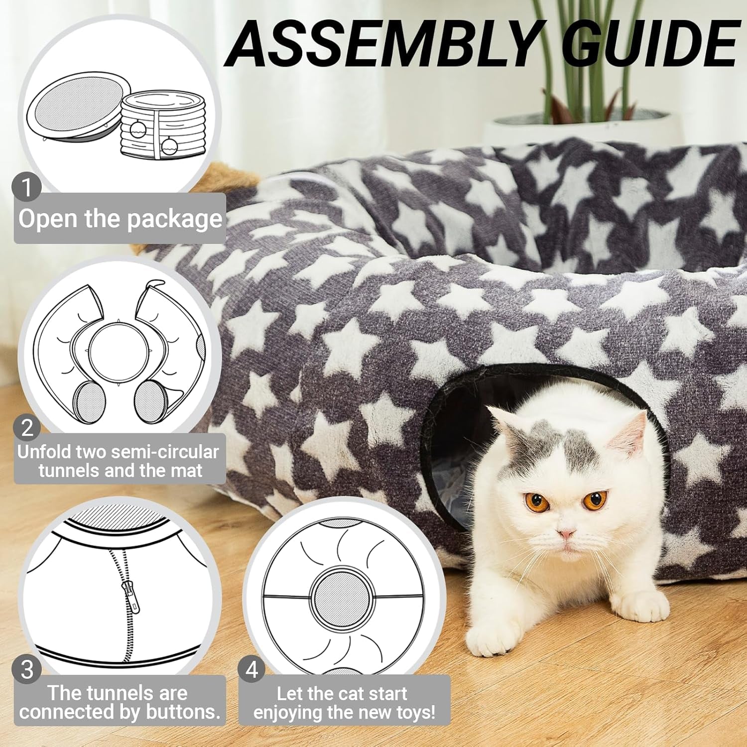 Large Cat Tunnel Bed under Christmas Tree with Fluffy Toy Balls, Small Cushion and Flexible Design- 10 Inch Diameter, 3 Ft Length- Great for Cats, and Small Dogs, Gray Star Pattern